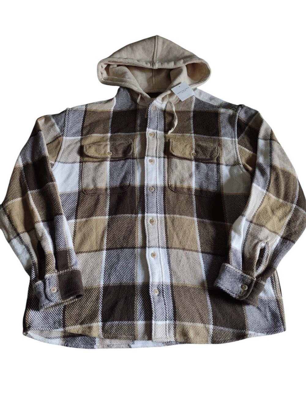 American Eagle Medium Relaxed Fit Plaid Hooded Flannel Shirt